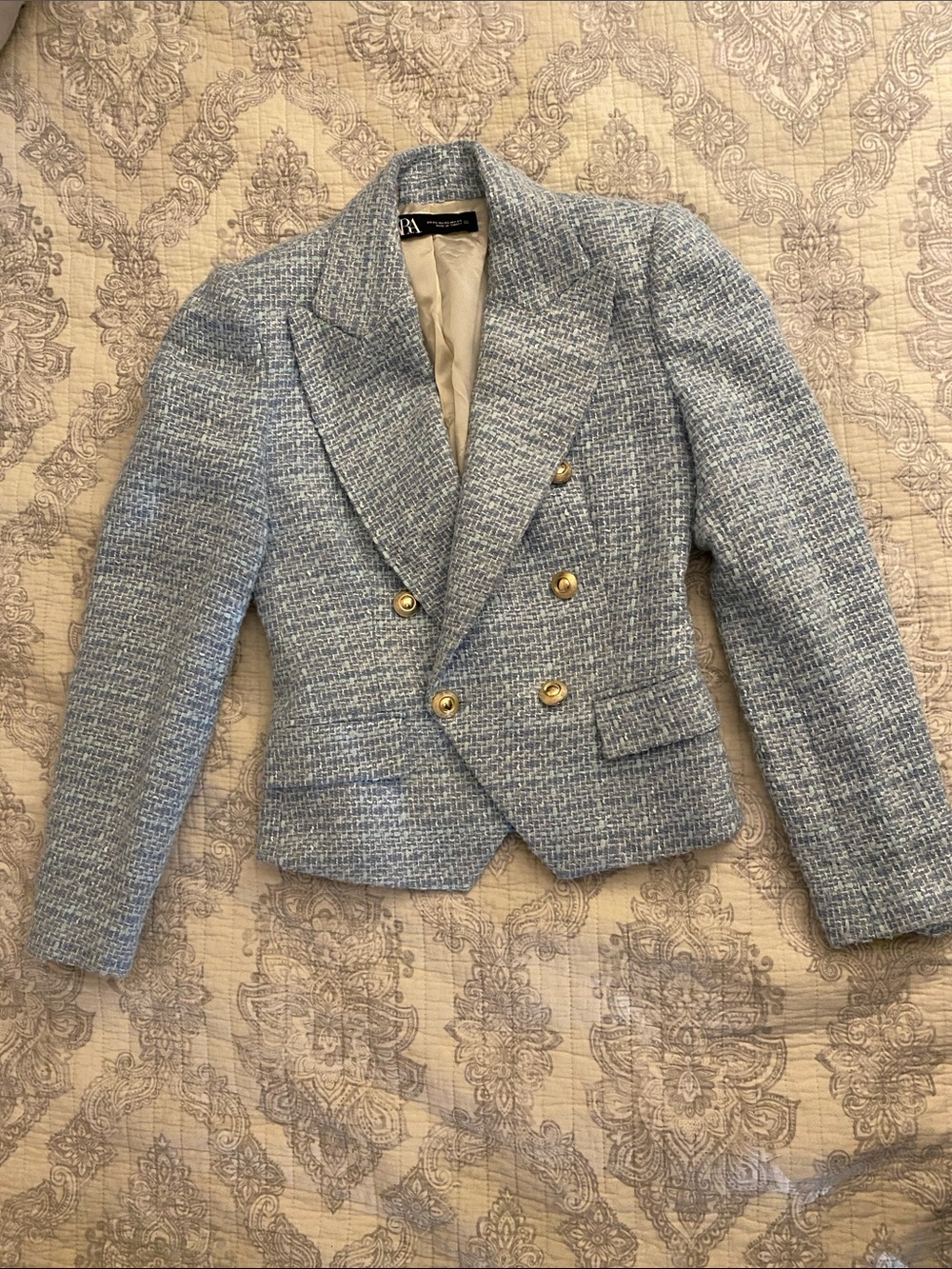 Zara Light Blue Tweed Double-Breasted Blazer with Gold Buttons